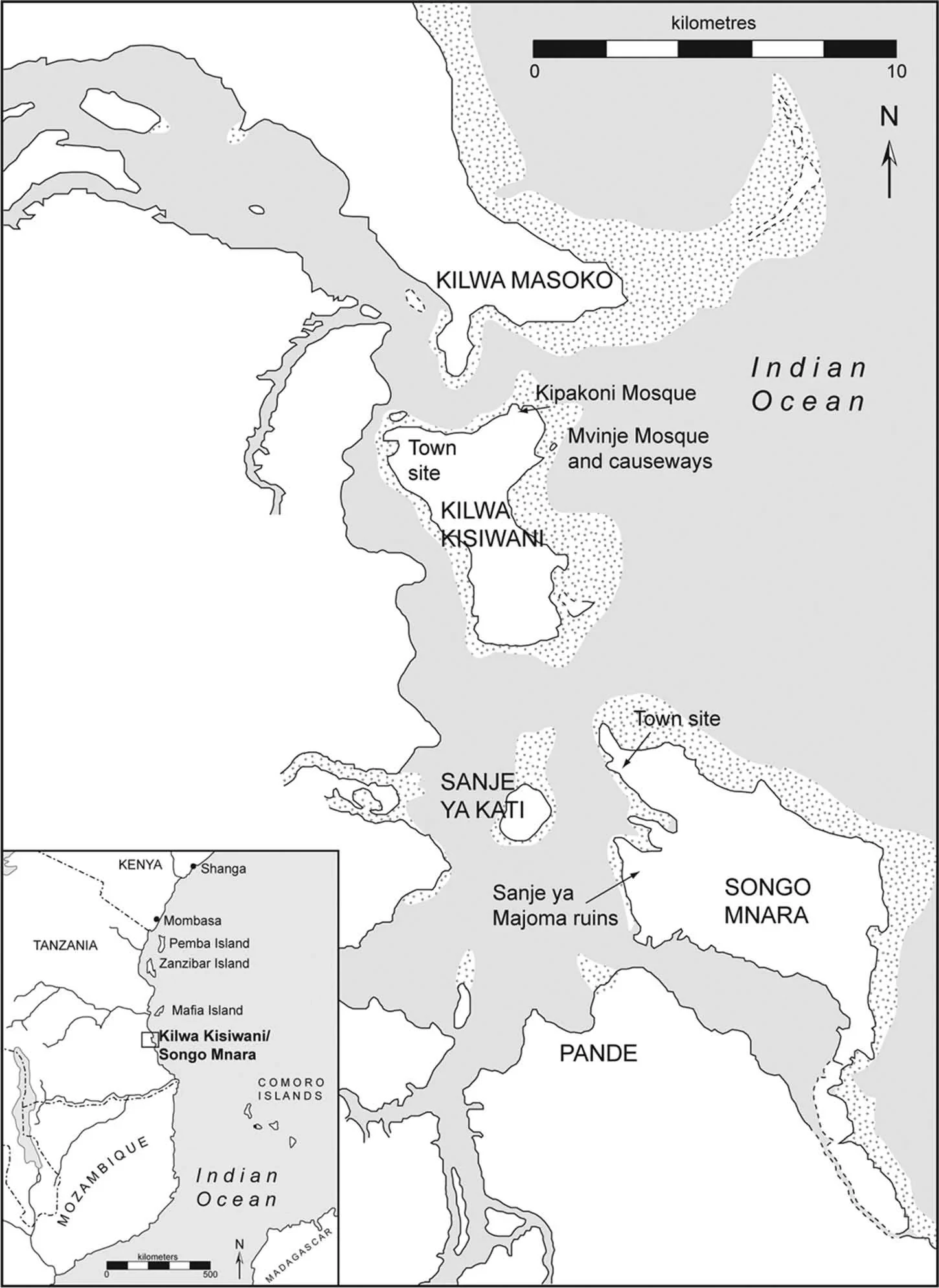 A published map locates Kilwa Kisiwani, Songo Mnara and neighbouring islands.