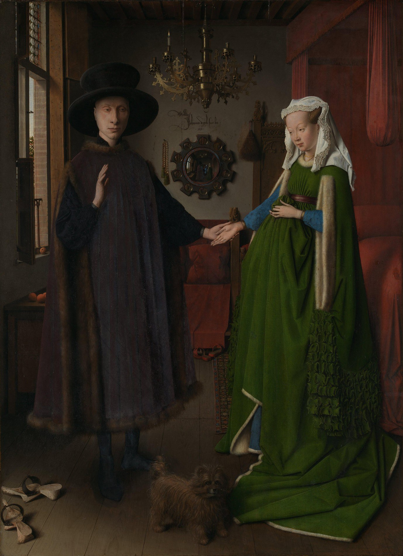 Two elaborately dressed people stand in an interior with a bed, a convex mirror and a small dog.