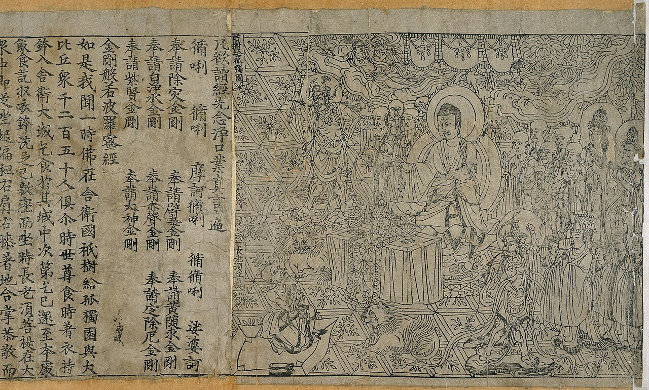 An illustrated Buddhist gathering precedes vertical columns of Chinese text on the Diamond Sutra scroll.