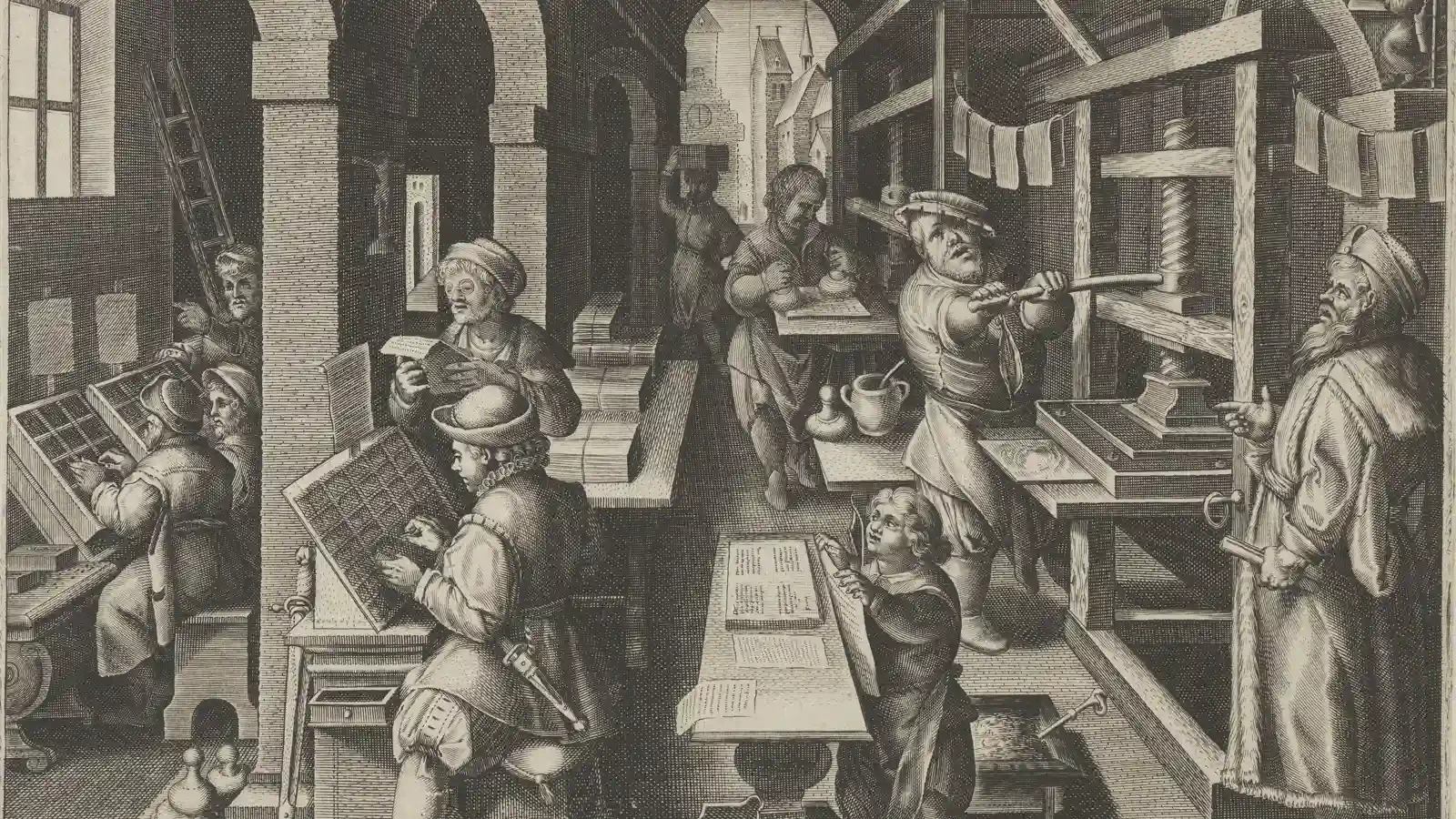 Workers set type, inspect sheets and operate a wooden printing press in a Renaissance workshop engraving.