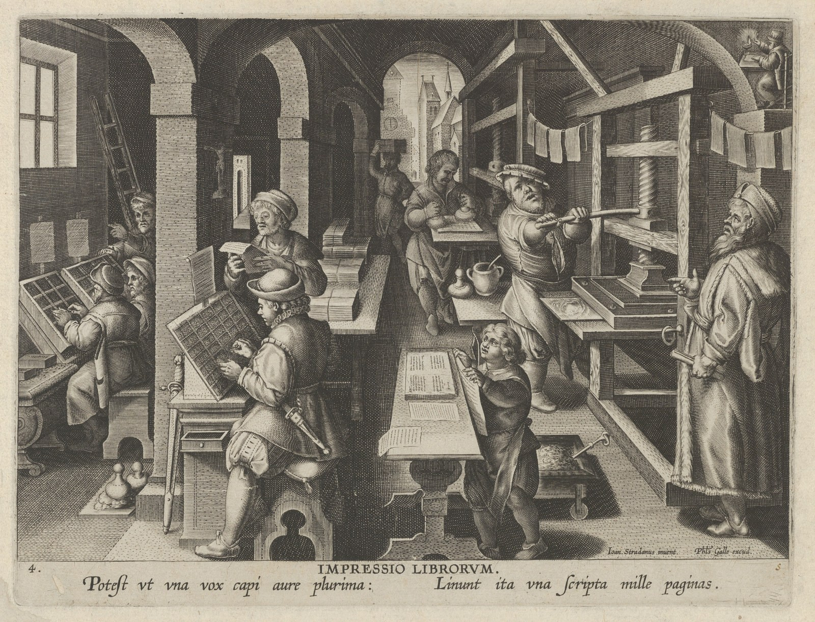 An engraved workshop shows type cases at left, readers and sheets in the centre, and a wooden press at right, with sheets hanging above.