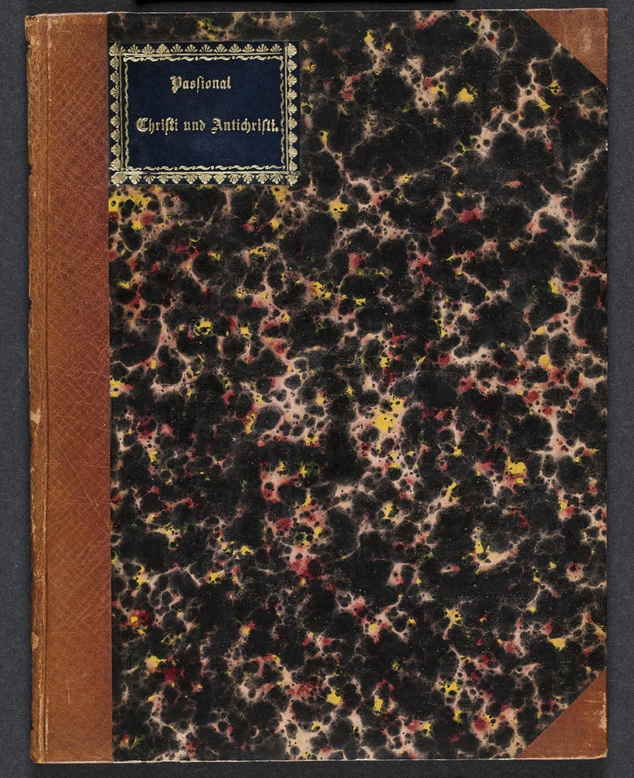A marbled binding has a small label reading Passional Christi und Antichristi.
