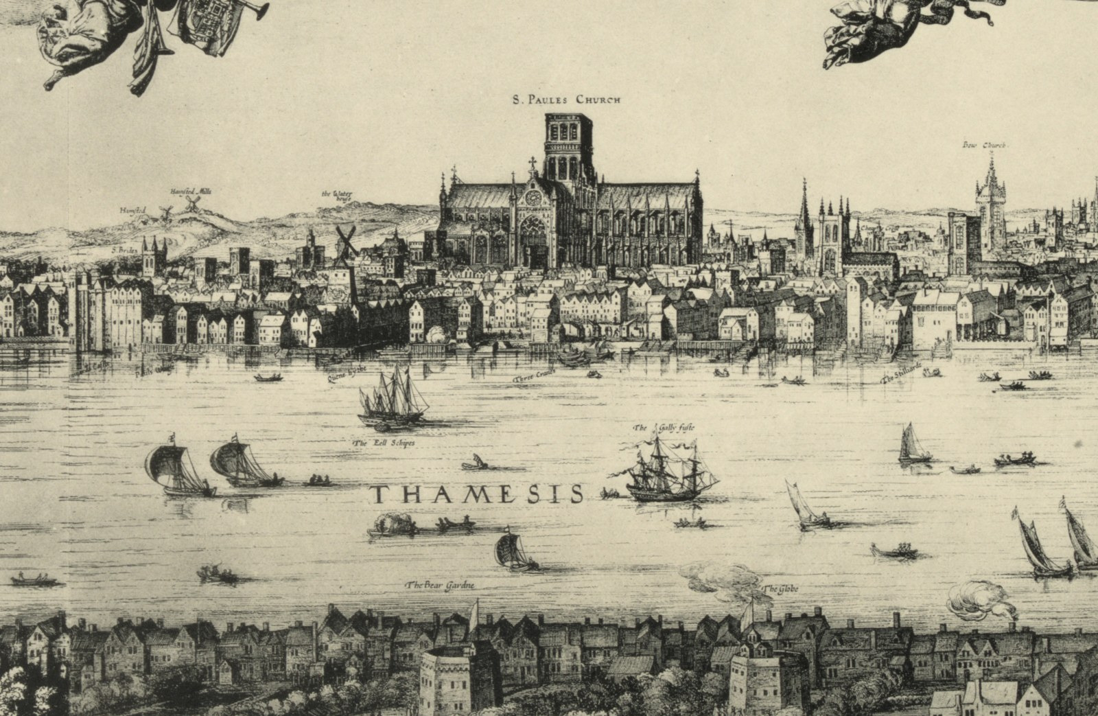A detail of the London panorama shows old St Paul’s Cathedral above a dense city skyline and boats on the Thames.