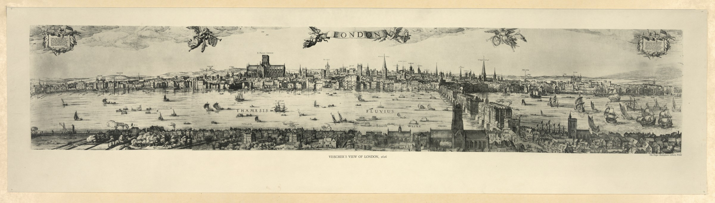 A broad London panorama shows the north-bank skyline, the Thames with boats, London Bridge and Southwark in the foreground.