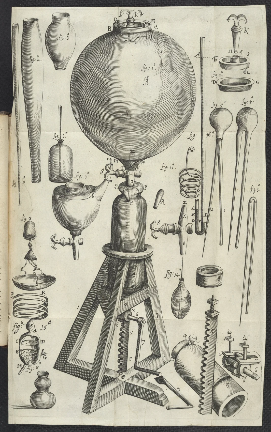 A labelled engraving of a large glass receiver mounted above a pump, with drawings of individual valves and other parts.