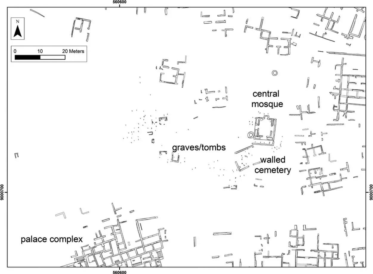 A plan shows graves, tombs, the central mosque and neighbouring architectural remains.