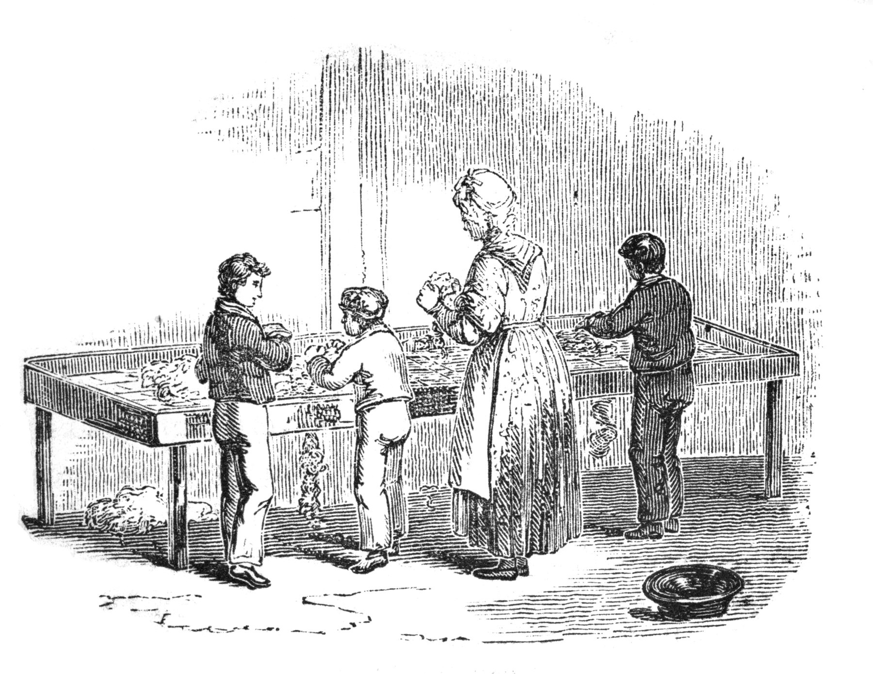Young figures and an adult sort cotton at a table in an 1844 engraving.