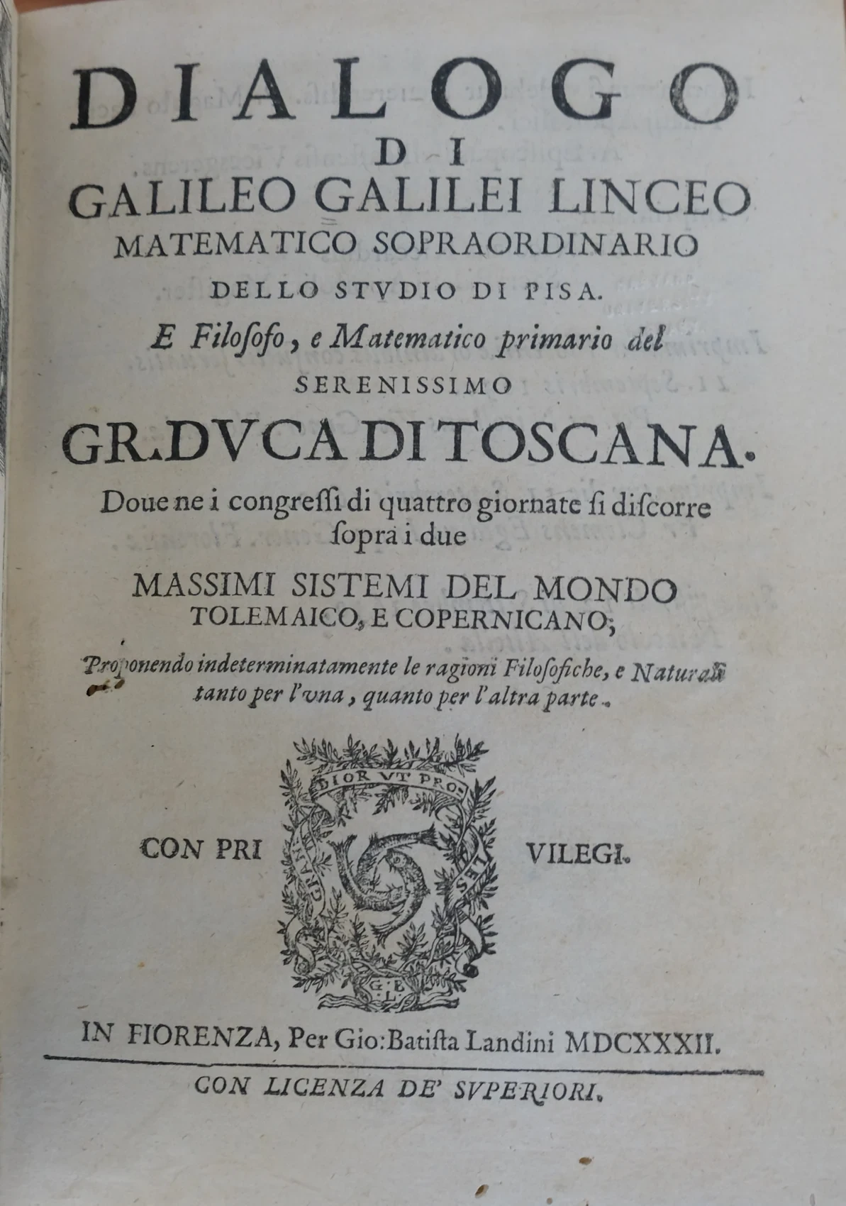 The Italian title page of Galileo’s Dialogue, identifying its two world systems and its Florence publication in 1632.