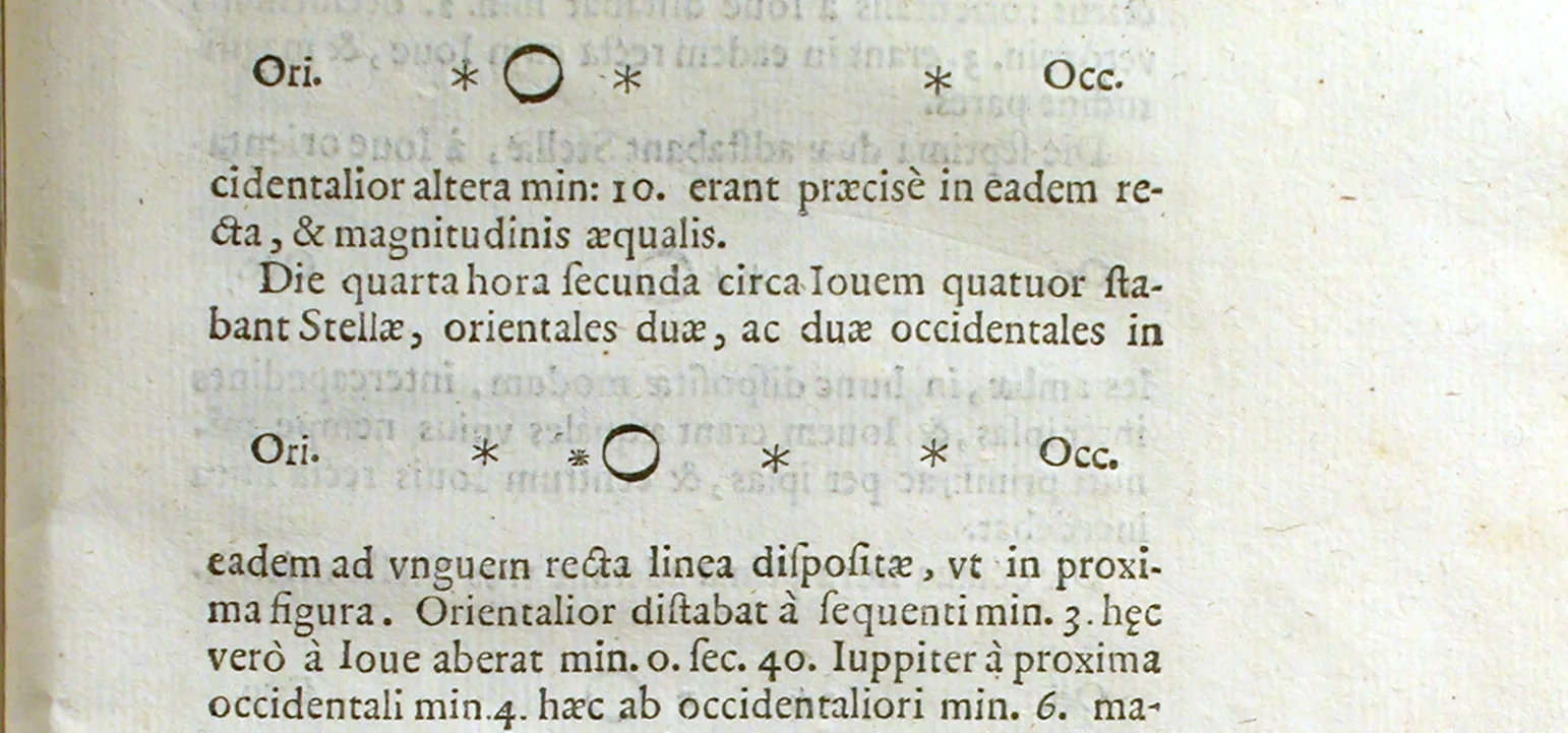 Printed diagrams show a large circle for Jupiter and small stars on either side, with a dated observation above.