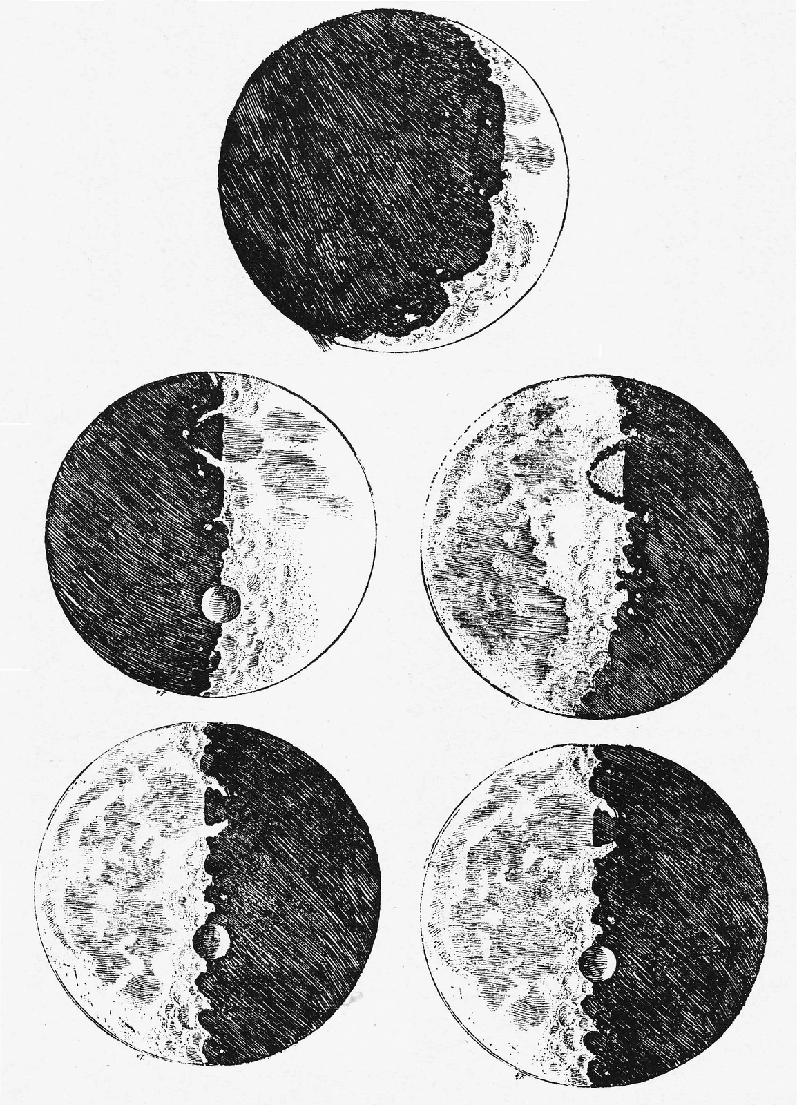 A group of printed views of the Moon showing changing illumination, dark patches and an uneven boundary between light and shadow.