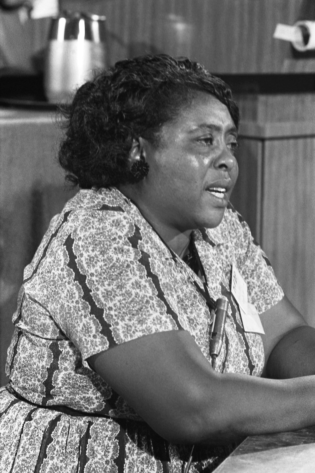 Fannie Lou Hamer sits at a table and speaks at the 1964 Democratic National Convention.