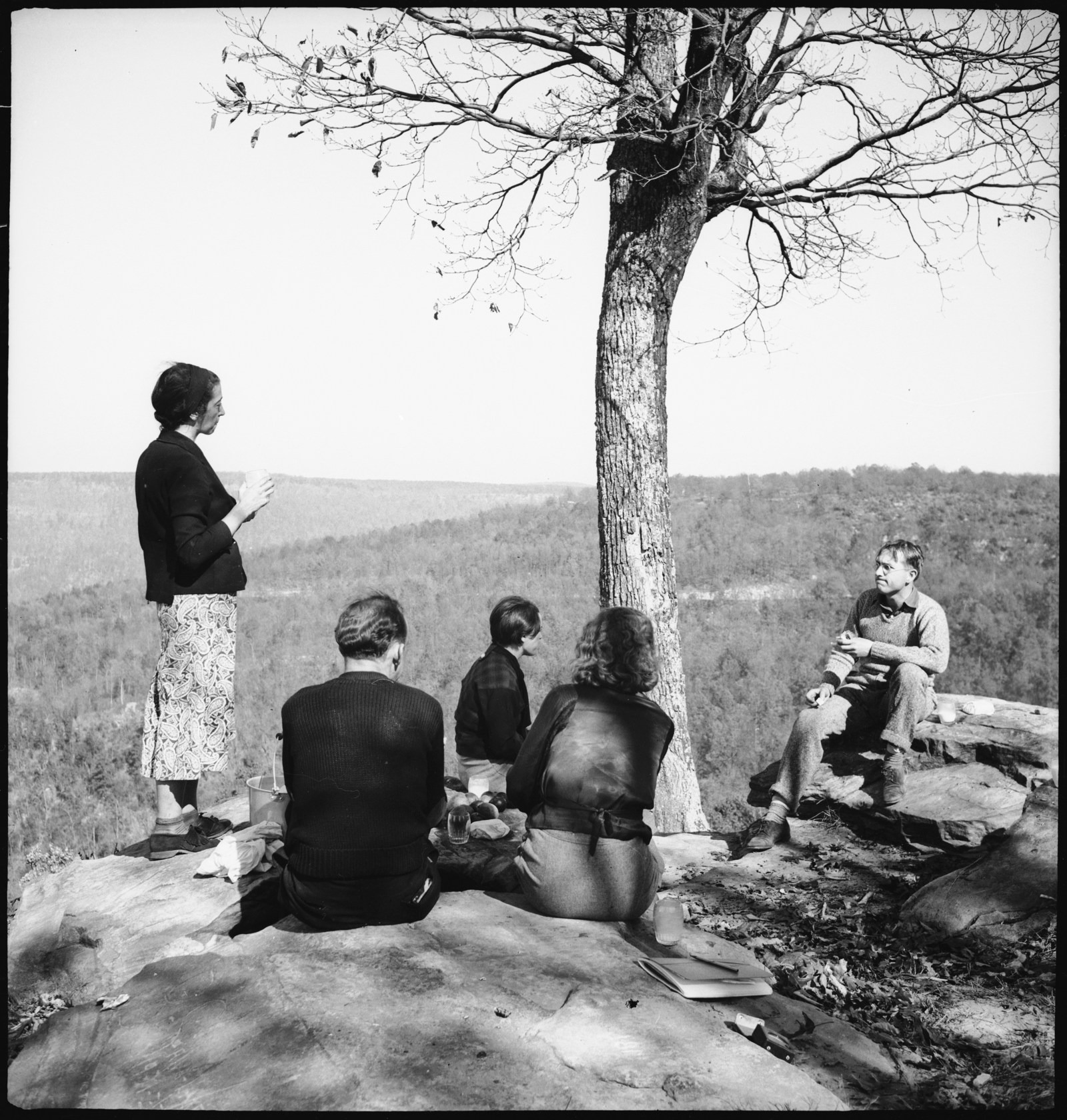 Five people gather beside a tree on a rocky overlook at Highlander Folk School.