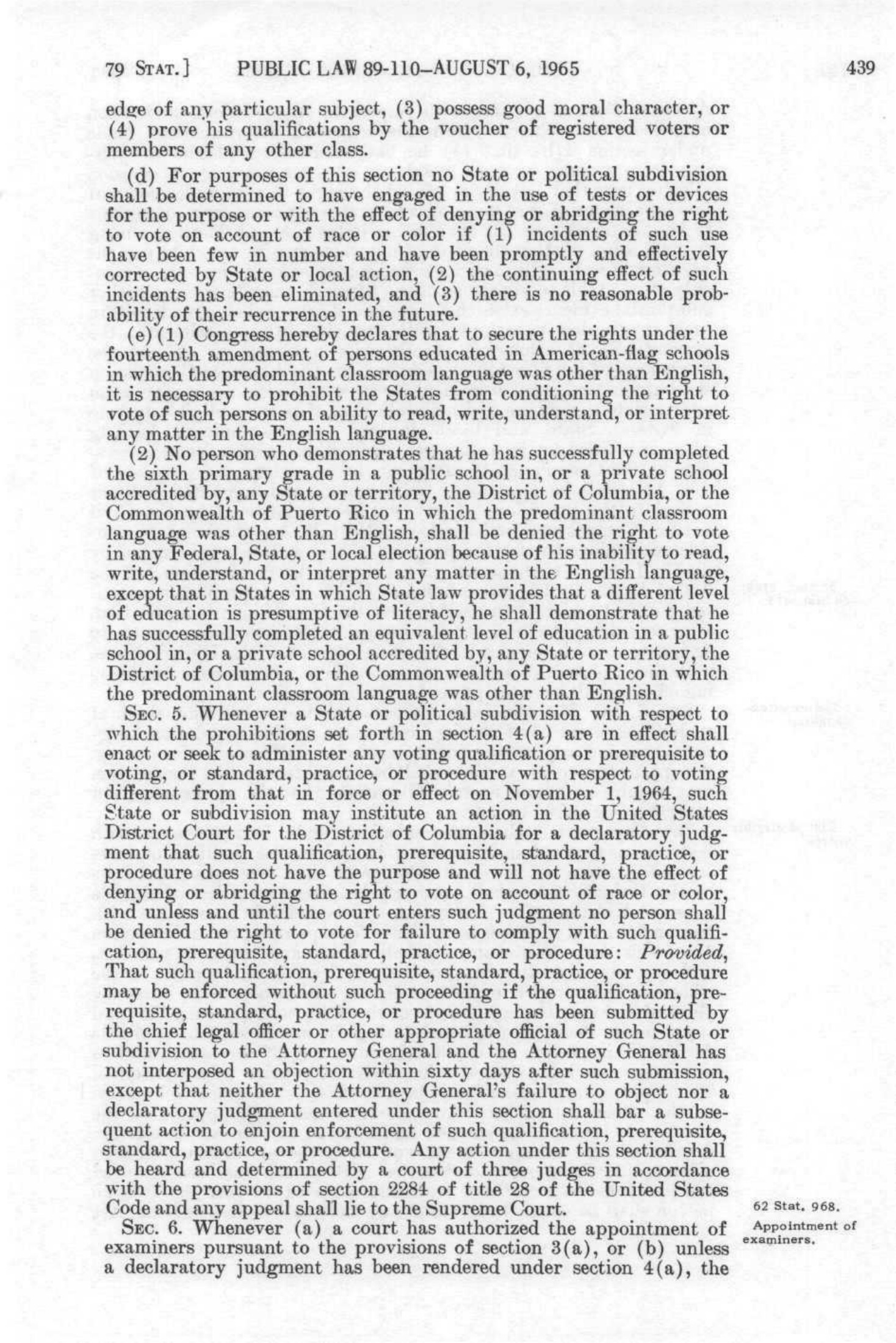 A printed statute page headed Public Law 89–110, with Section 5 describing federal review of voting-rule changes.