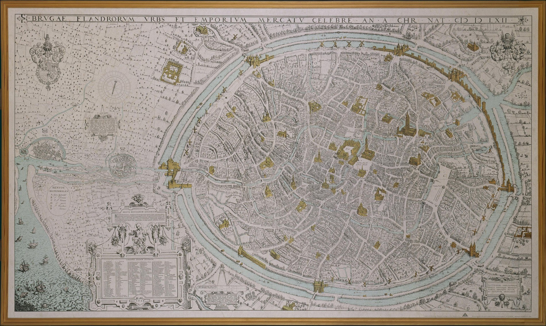 A detailed 1562 bird’s-eye map shows Bruges within its walls and water connections beyond the city.