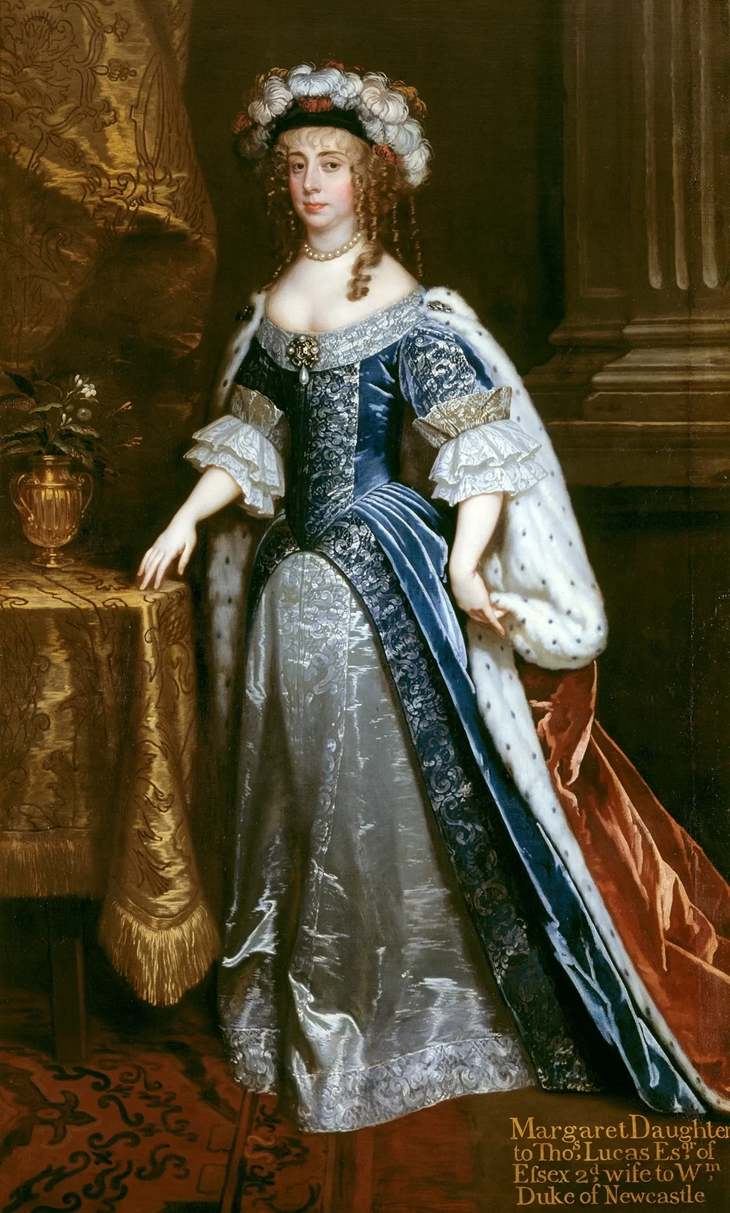 Margaret Cavendish in a seated full-length portrait with a dark dress and a pale silk drape.