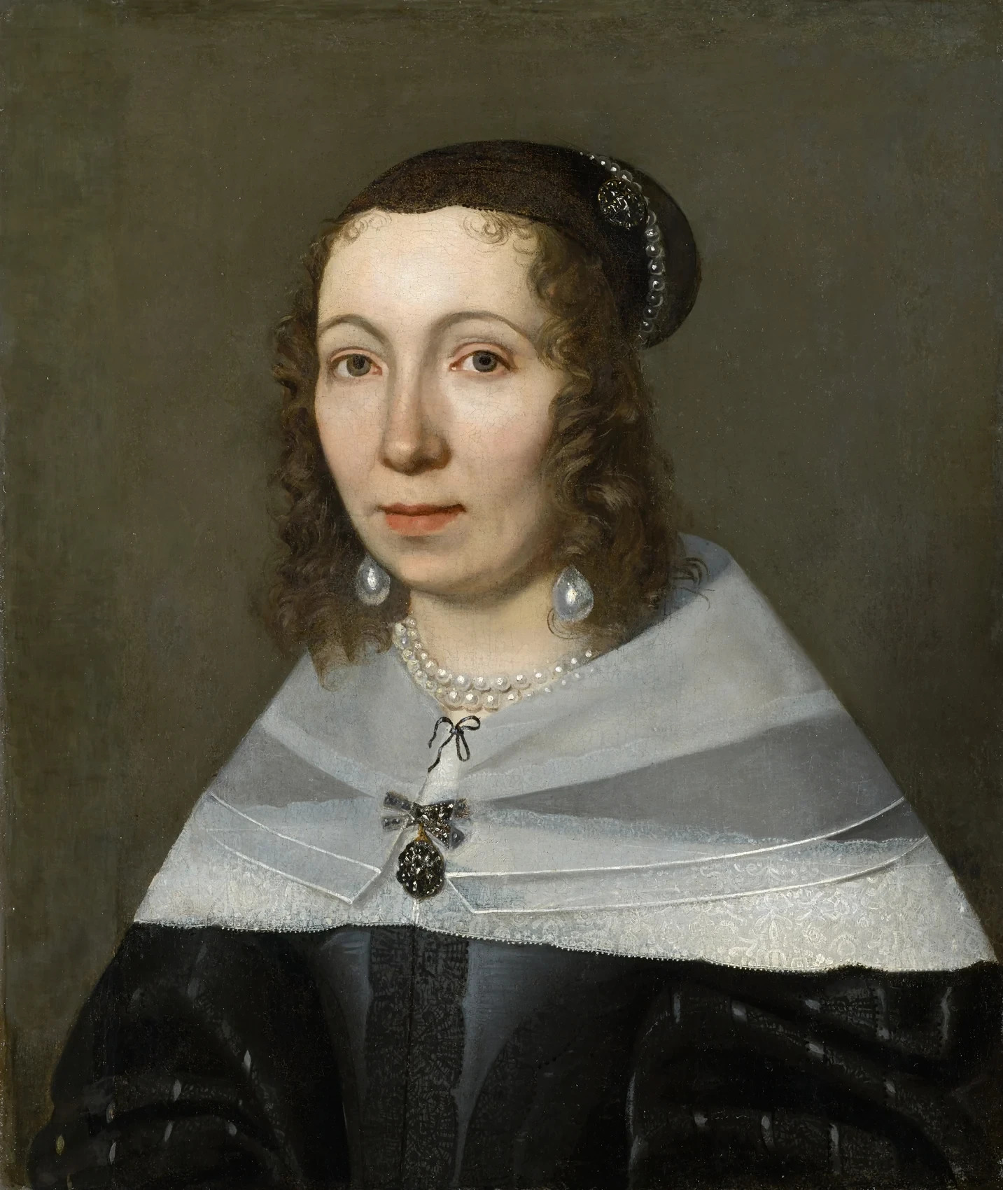 A painted portrait of Maria Sibylla Merian wearing a dark dress with a pale collar and a dark head covering.