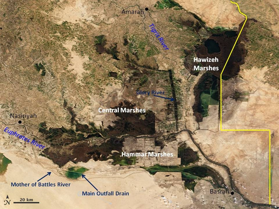 Annotated NASA satellite image of southern Iraq showing modern rivers, marshes and drainage channels.