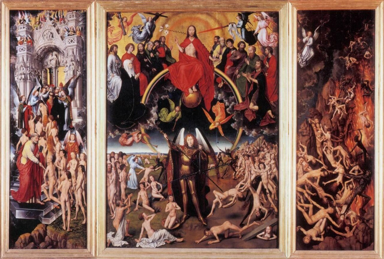 An open triptych presents the Last Judgement across a central panel and two wings, with figures entering salvation and damnation.