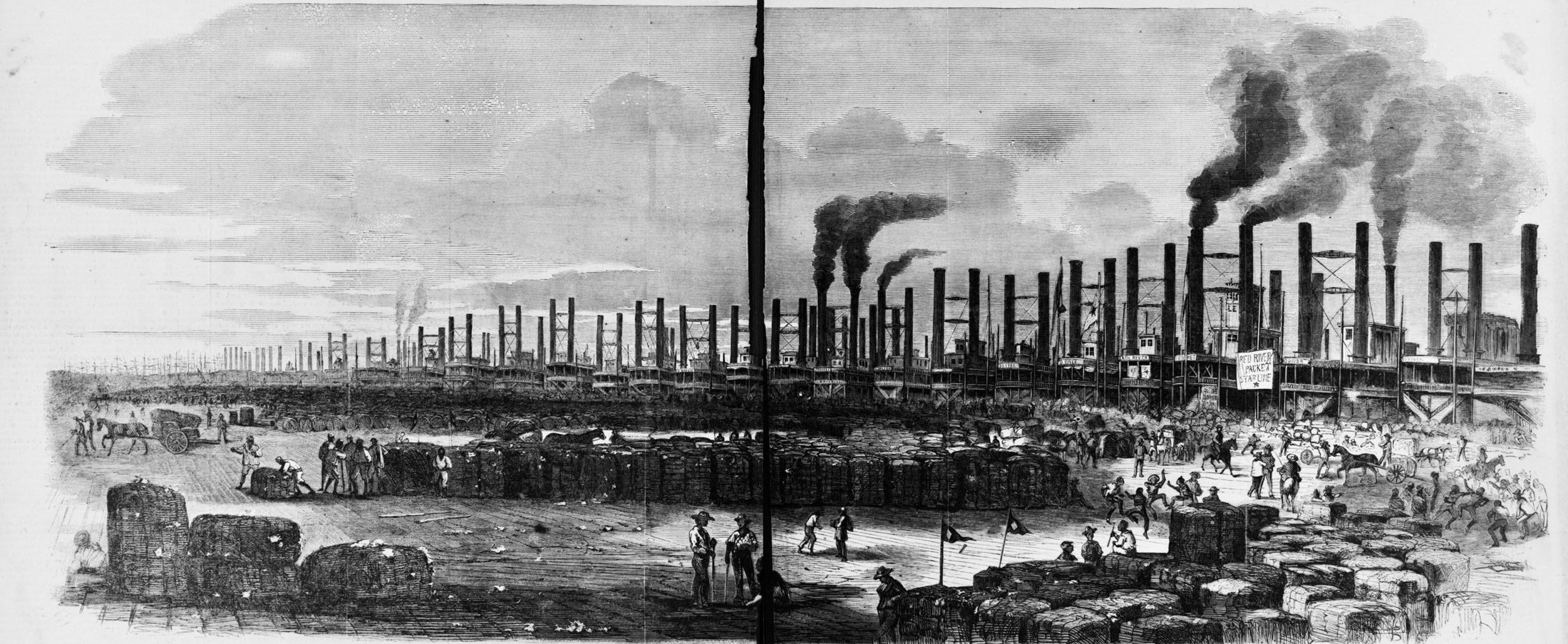 A nineteenth-century engraving shows cotton bales, dockside figures and a line of steamboats on the New Orleans levee.