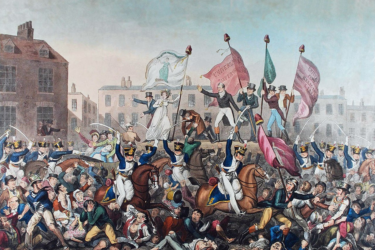 A political print places banners and a speakers’ platform above a crowded field attacked by cavalry.