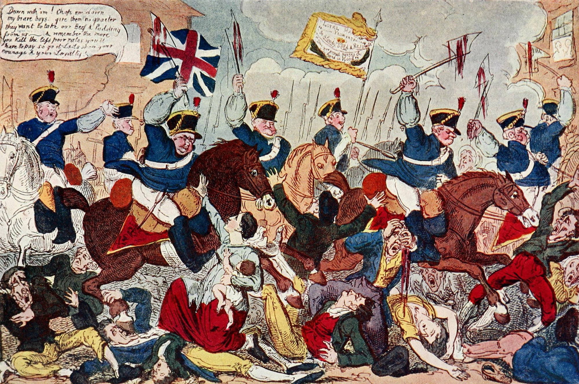 A satirical 1819 print portrays cavalrymen wielding bloodied axes above injured civilians.