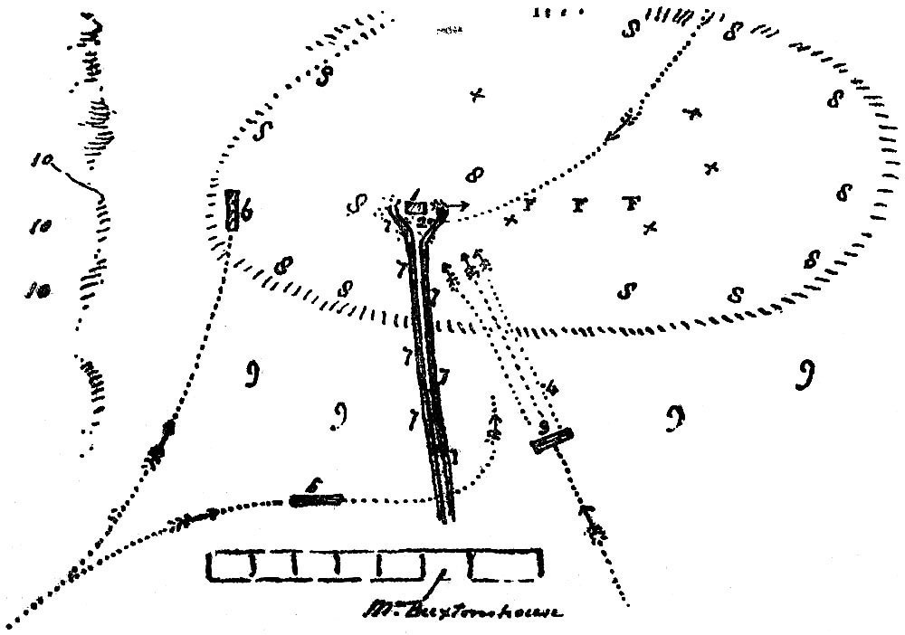 A numbered black-and-white sketch relates the speakers’ platform, constables, crowd and cavalry to Mr Buxton’s house.