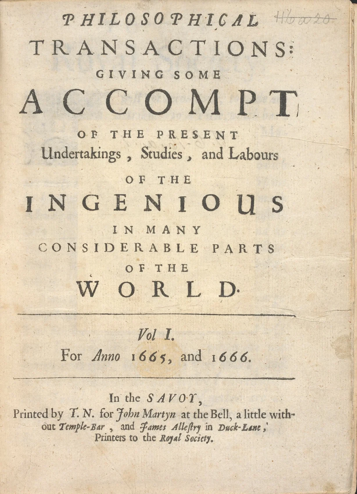 The title page of the first volume of Philosophical Transactions, covering 1665 and 1666.