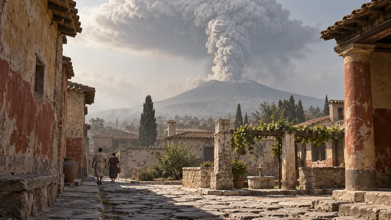 An imagined Pompeian street beneath a towering grey eruption column, with two anonymous figures moving through the foreground.