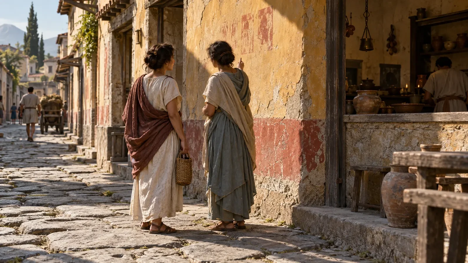 Two anonymous women in draped clothing stand beside a plaster wall and tavern in an imagined first-century Pompeian street.