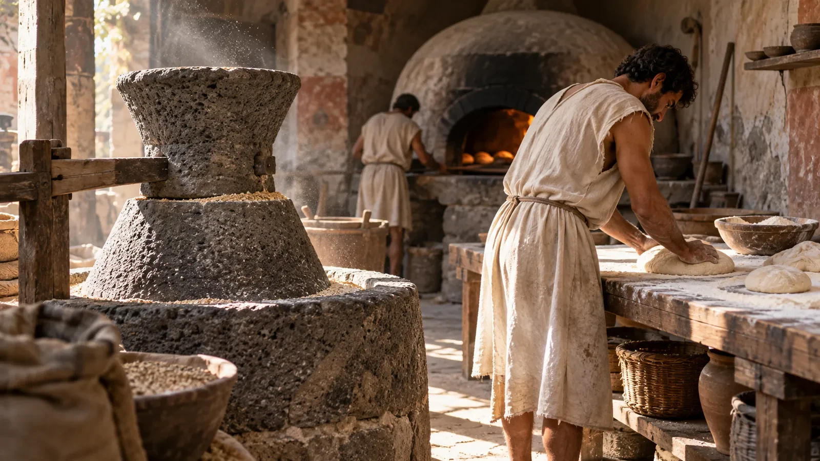 Two workers in simple tunics prepare bread beside a lava-stone rotary mill and masonry oven in an imagined Roman workshop.