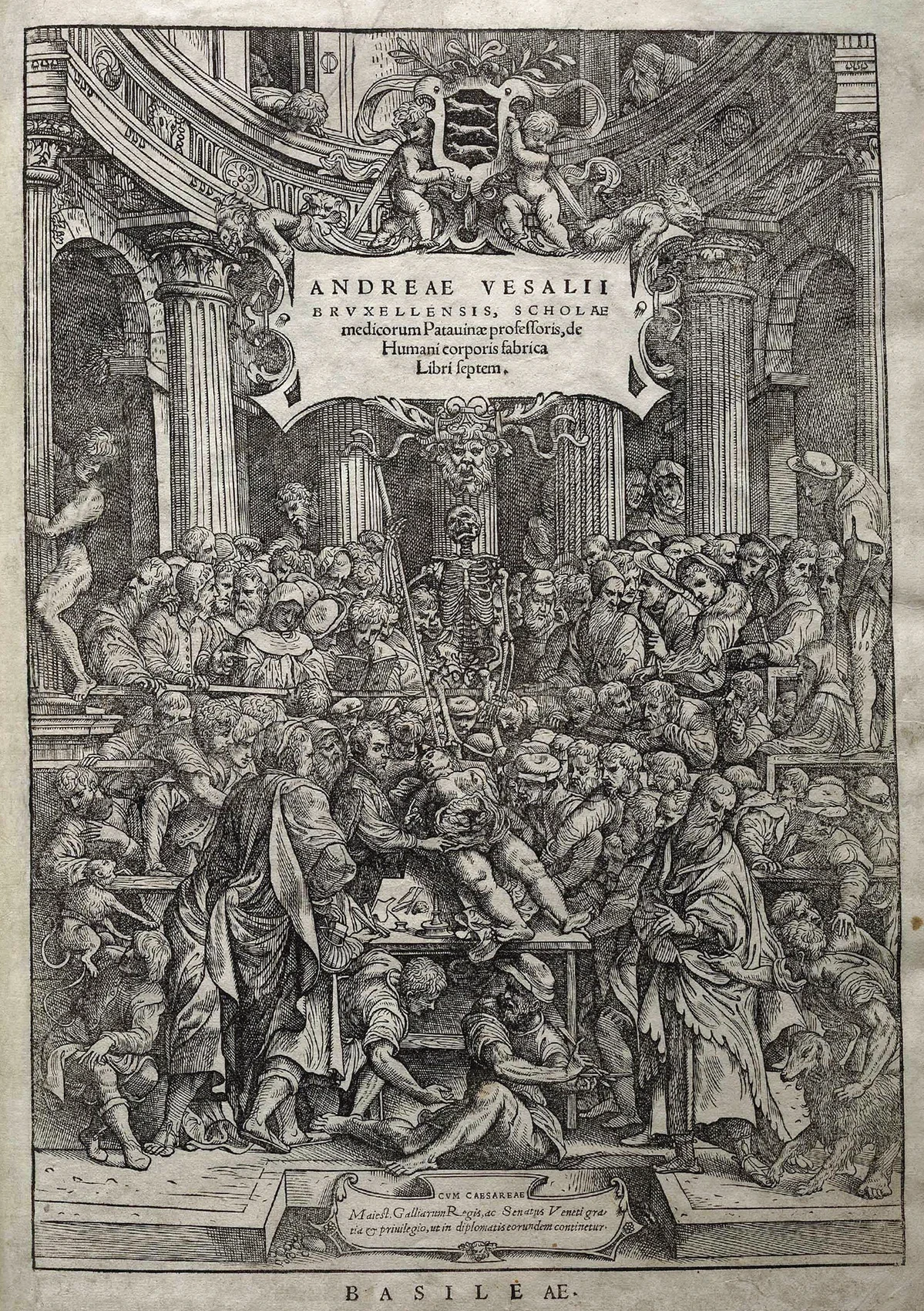 A crowded dissection scene from the frontispiece of Vesalius’s Fabrica, with the anatomist beside the opened body.