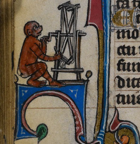 A monkey handles threads attached to a tall frame in the margin of a medieval manuscript.