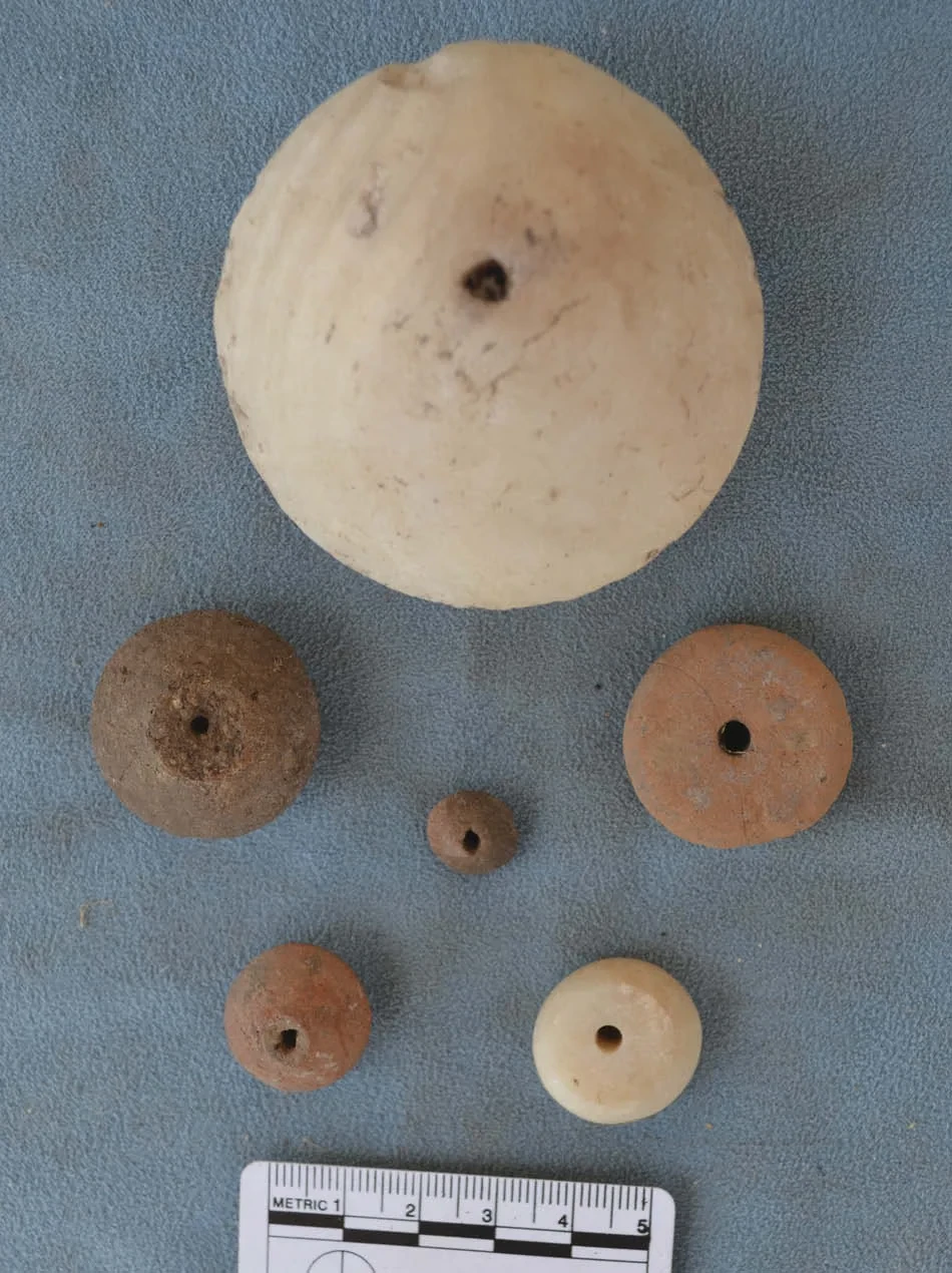 Small perforated circular finds lie beside a scale in an excavation photograph.